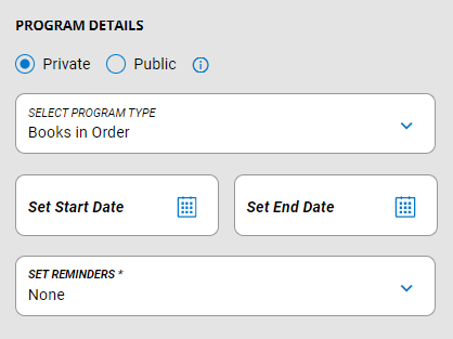 Create Reading Program slide-out - Program Details section.